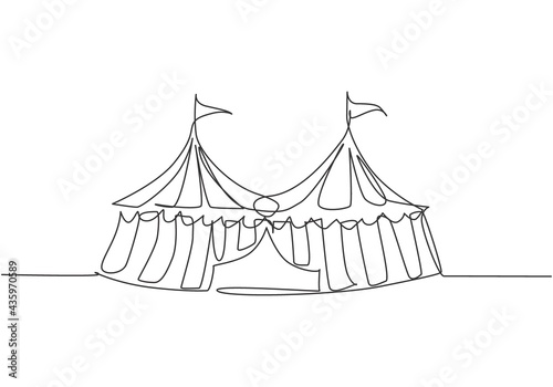 Single one line drawing of two circus tents together with stripes and flags at the top. Show place for clowns, magicians, animals. Modern continuous line draw design graphic vector illustration.