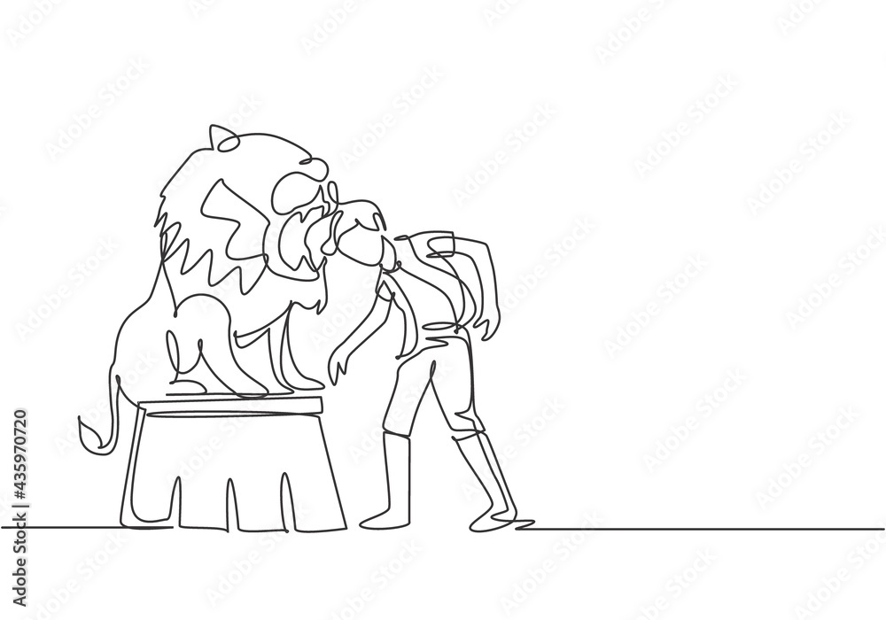 Single one line drawing of a lion stands on a circus chair while following the instructions of his trainer. A very thrilling circus show. Modern continuous line draw design graphic vector illustration Single one line drawing of a lion stands on a circus chair while following the instructions of his trainer. A very thrilling circus show. Modern continuous line draw design graphic vector illustration