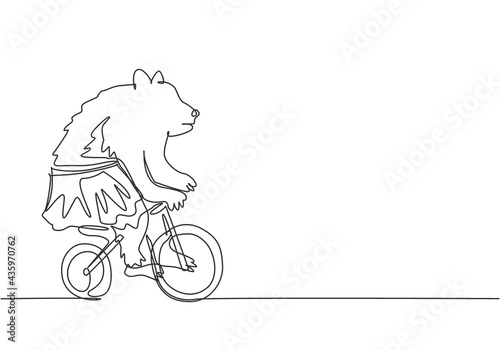 Continuous one line drawing a trained brown bear playing a bicycle around the track in the circus arena. Audience was amazed by the bear's performance. One line draw design vector graphic illustration