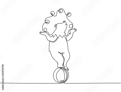 Single one line drawing of a trained brown bear juggling on its head while standing on a ball. A very good circus show for all audiences. Modern continuous line draw design graphic vector illustration