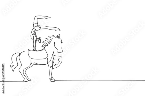 Continuous one line drawing a female acrobat performs on a circus horse while performing a hand stand dance on horseback. The horse lifting one of its legs. Single line draw design vector illustration