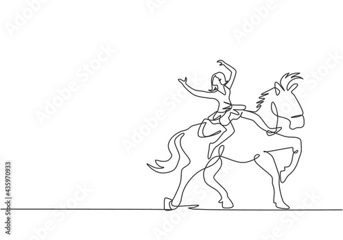 Single one line drawing a female acrobat performs on a circus horse while dancing on the horse s back and raises her hands. The horse joins the dance. One line draw design graphic vector illustration.