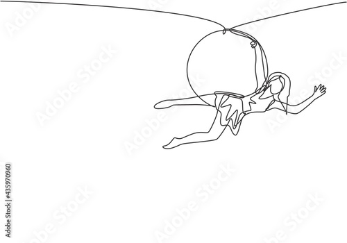 Single continuous line drawing an acrobatic woman who performs on an aerial hoop by hanging on to one hand and straightening her body. Dynamic one line draw graphic design vector illustration.