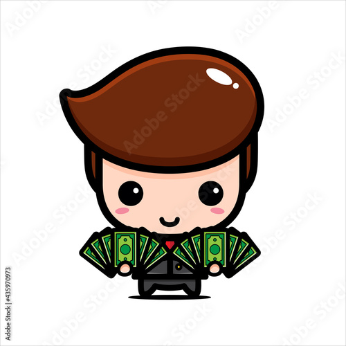 Vector design of cute cartoon boy as businessman holding a lot of money