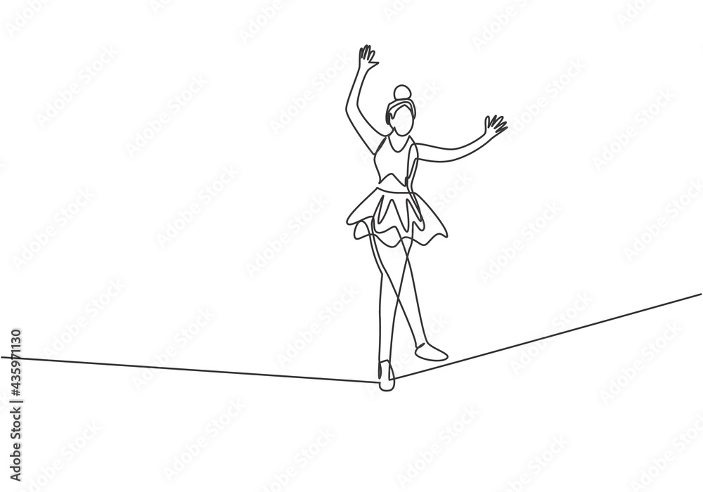 Single one line drawing a female acrobat walking on a rope while