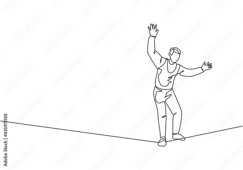 Continuous one line drawing a male acrobat walking on a rope while dancing and raising his hands. This attraction requires courage and agility. Single line draw design vector graphic illustration. - obrazy, fototapety, plakaty 