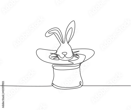 Single one line drawing the magic hat was turned upside down, then a rabbit's head popped out of it. A magic show that managed to amaze the audience. One line draw design graphic vector illustration.