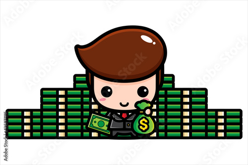 Vector design of cute cartoon boy as businessman holding money with many piles of banknotes behind him