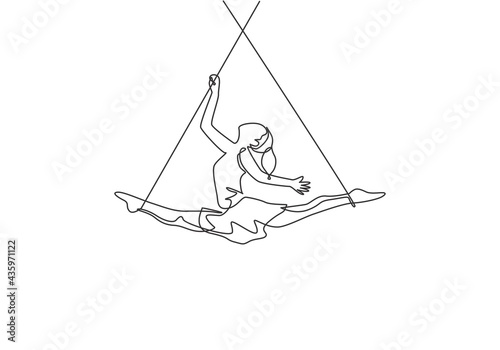 Single continuous line drawing a female acrobat performs on the trapeze while dancing and spreading her legs apart. It takes courage and risks. Dynamic one line draw graphic design vector illustration