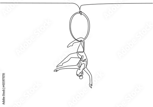 Single one line drawing an acrobatic woman who performs on an aerial hoop while dancing with one leg hanging and her head down. Modern continuous line draw design graphic vector illustration.
