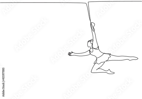 Single one line drawing a female acrobat appears on the trapeze with one hand hanging. It takes courage and continuous practice. Modern continuous line draw design graphic vector illustration.