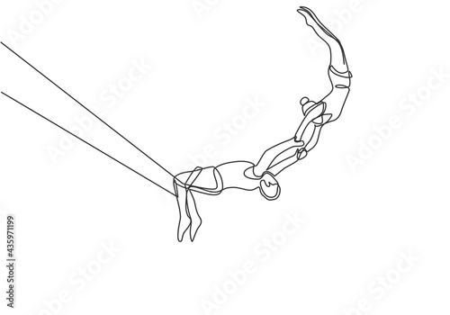 Single one line drawing two acrobatic players in action on a trapeze with a male player hanging from his two legs while catching a female player. One line draw design graphic vector illustration. photo