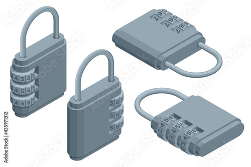 Isometric set icons of padlocks combinations isolated on white background. Number combination security code black pad lock
