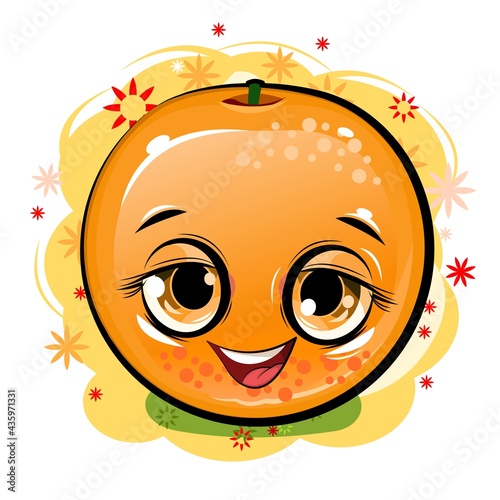 Orange cheerful smile. Juicy red  fruit with a muzzle. Cartoon style. Isolated over white background. Vector illustration. Bright summer composition.