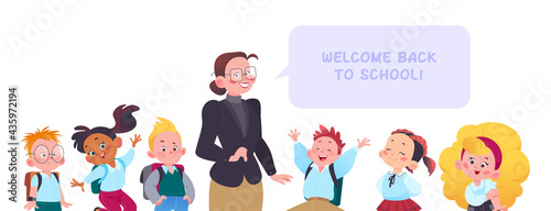 Portrait of teacher, boys and girls pupils characters isolated on white background. Back to school concept. Vector flat cartoon illustration. For banners, ads, packaging.