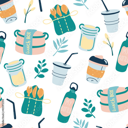 Seamless pattern with reusable products. Eco friendly wallpaper concept with recyclable and reusable products. Backdrop with zero waste lifestyle elements. No plastic. Vector flat background.