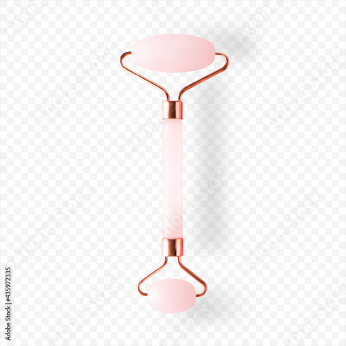 Rose quartz facial roller massager for skincare isolated 3d vector realistic illustration, top view photo