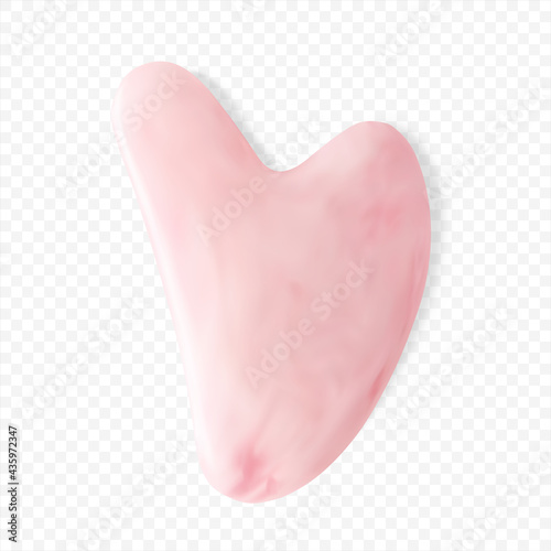 Pink quartz facial gua sha, top view. Trendy skincare facial massager tools, isolated 3d vector realistic illustration