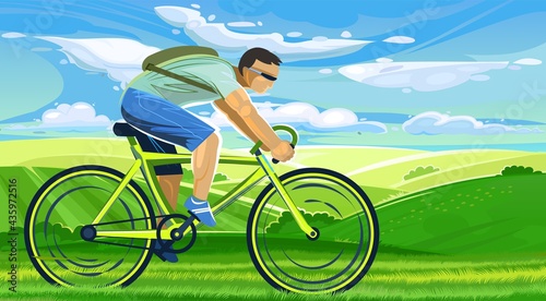 The boy rides a bicycle. Cycling. Fitness and healthy lifestyle. Flat cartoon style. Against the backdrop of the countryside with meadows and fields. Athletics. Illustration Vector