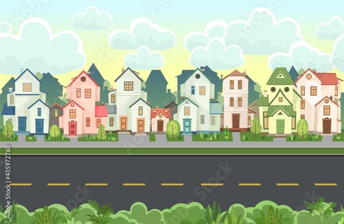 Street. Cartoon houses with a road. Asphalt. Village or town. Seamless. A beautiful  cozy country house in a traditional European style. Trees. Nice funny home. Illustration. Vector