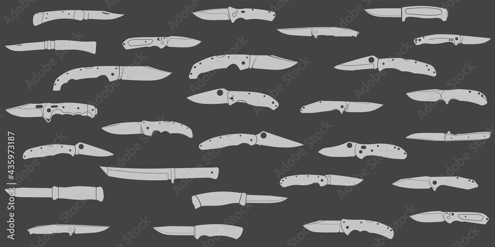 Different types of knives on a black background. Silhouettes. Vector graphics