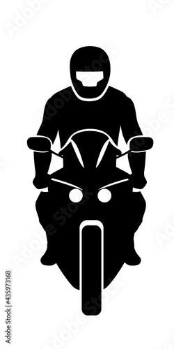 Motorcyclist icon. Frontal modern biker silhouette. Vector graphics