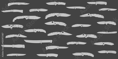 Different types of knives on a black background. Silhouettes. Vector graphics