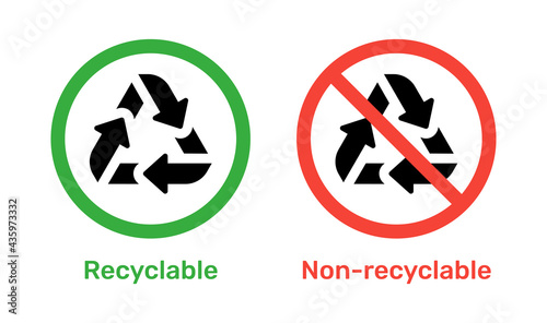 Non Recyclable and Recycling Garbage Bin sign. Isolated vector illustration photo