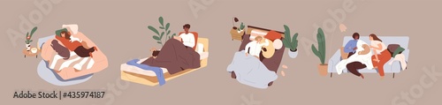 Set of people relaxing with pets on beds and sofas. Collection of men and women spending time, resting together with cats and dogs at home. Lazy day off. Isolated colored flat vector illustrations