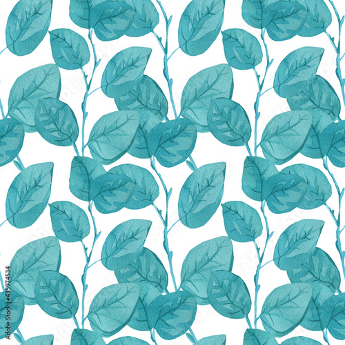 Seamless pattern with turquoise eucalyptus on white isolated background. Botanical wedding leaf print