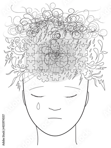 Woman head full of confused thoughts. Concept sketchy doodles illustration about stress and depression