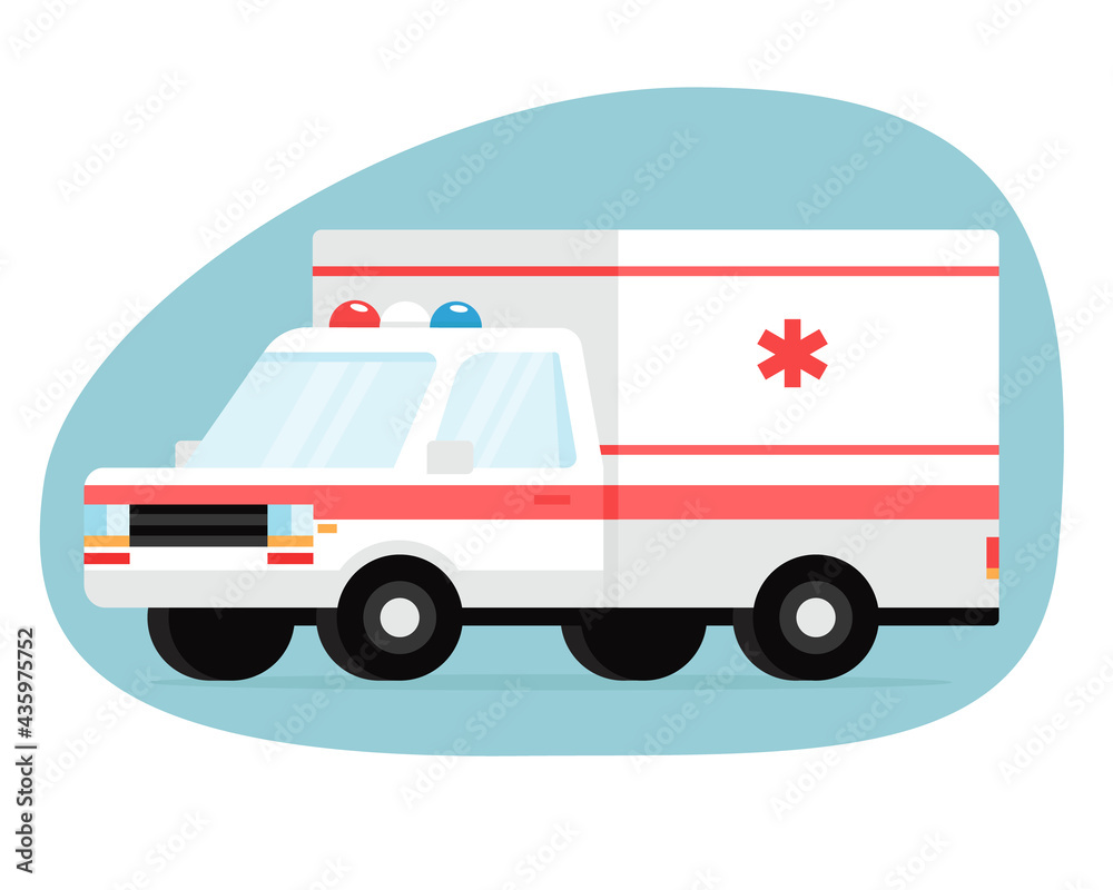 Ambulance car on a blue background. Medical evacuation of an ambulance. Vector illustration