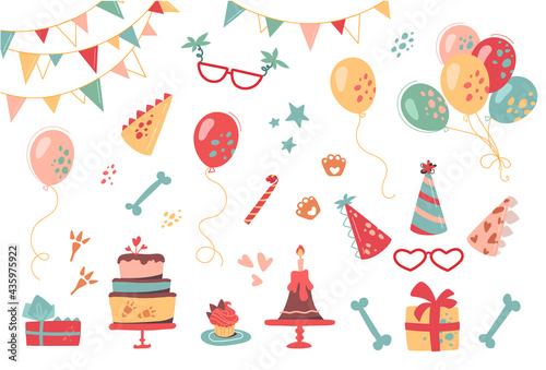 Festive set for birthday. Vector collection of hats, gifts, buntings, cakes, cupcakes, glasses and balloons. Dinosaur decorative elements, footprints and bones.
