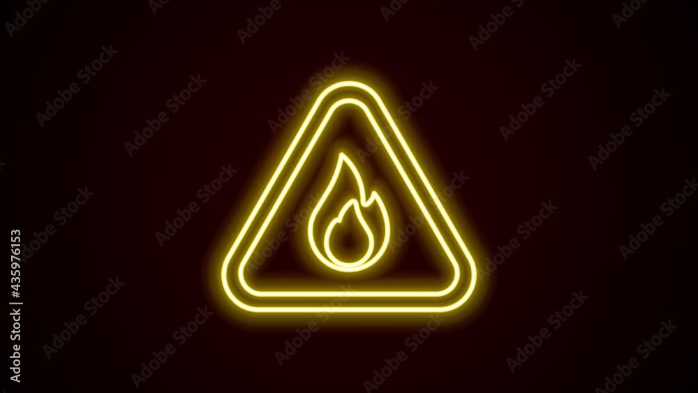 Glowing neon line Fire flame in triangle icon isolated on black background. Warning sign of flammable product. 4K Video motion graphic animation Glowing neon line Fire flame in triangle icon isolated on black background. Warning sign of flammable product. 4K Video motion graphic animation