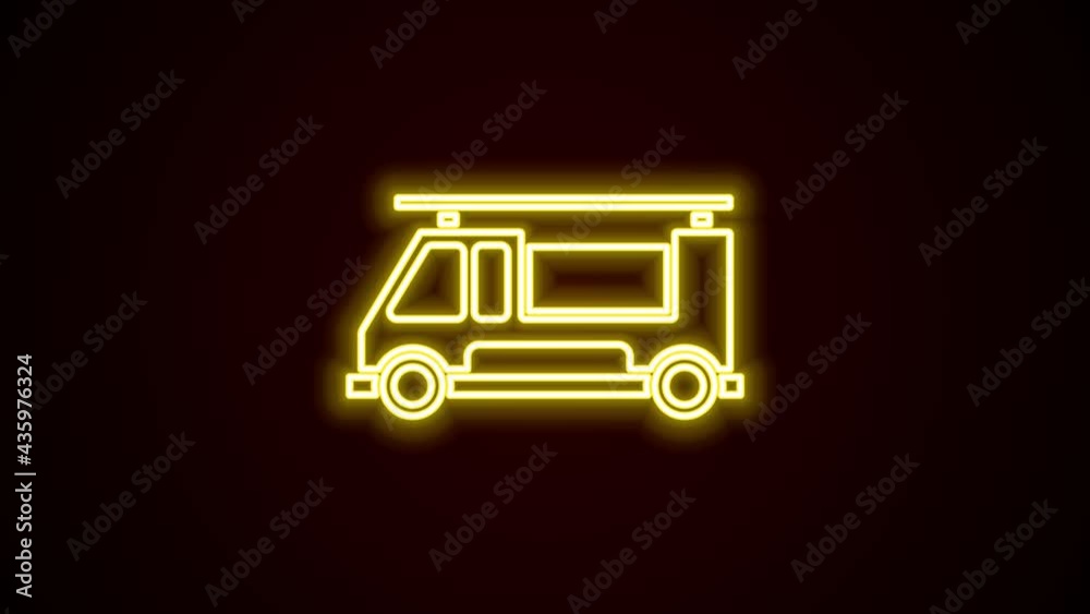 Glowing neon line Fire truck icon isolated on black background. Fire engine. Firefighters emergency vehicle. 4K Video motion graphic animation Glowing neon line Fire truck icon isolated on black background. Fire engine. Firefighters emergency vehicle. 4K Video motion graphic animation