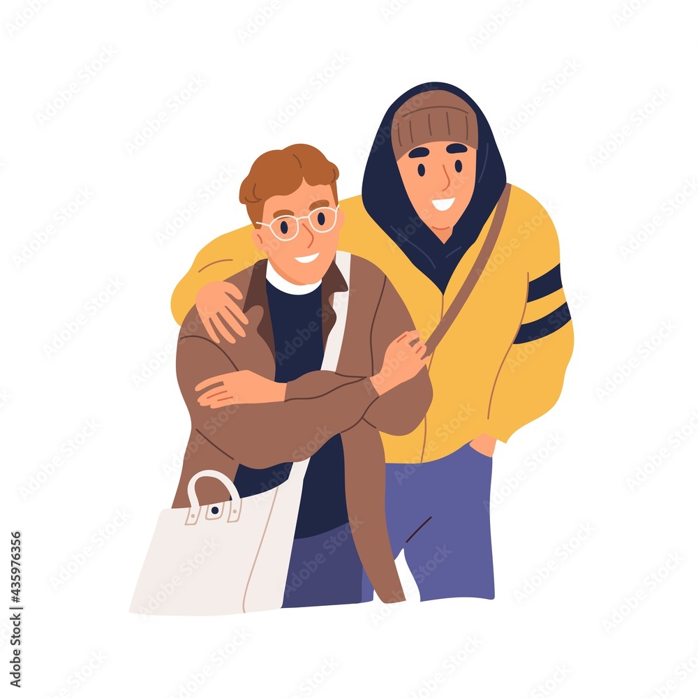 Two different happy smiling men hugging. Nerd and bully becoming friends. Brothers reunion. Portrait of male characters embracing. Flat vector illustration of bros isolated on white background