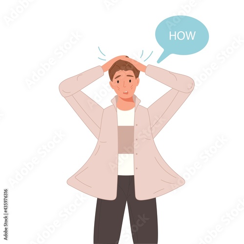 Emotional how question man face with speech bubble. Surprised beautiful young boy. Vector illustration isolated on white