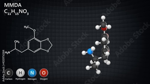 MMDA (5-methoxy-MDA) is a psychedelic and entactogen drug of the amphetamine class. C11H15NO3. 3D render. Seamless loop. Chemical structure model: Ball and Stick.