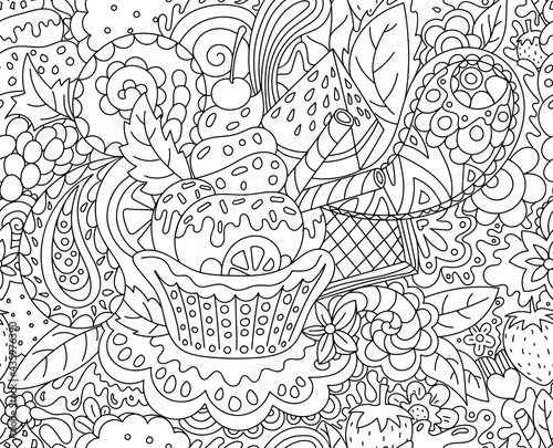 Zendoodles coloring. Line-drawn candy and ice cream with berries. Desserts and fruits in a seamless vector pattern for printing on paper and fabric