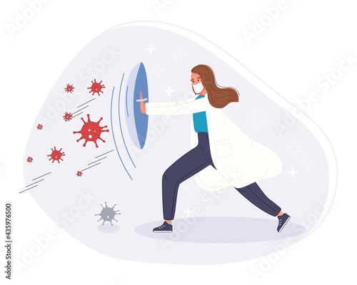 Fight and protect Coronavirus concept. Medical staff fight protective shield with pandemic. Vector illustration
