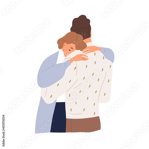 Couple of sad woman and man hugging to support each other in grief. Unhappy people embracing. Concept of compassion and sympathy. Colored flat vector illustration isolated on white background