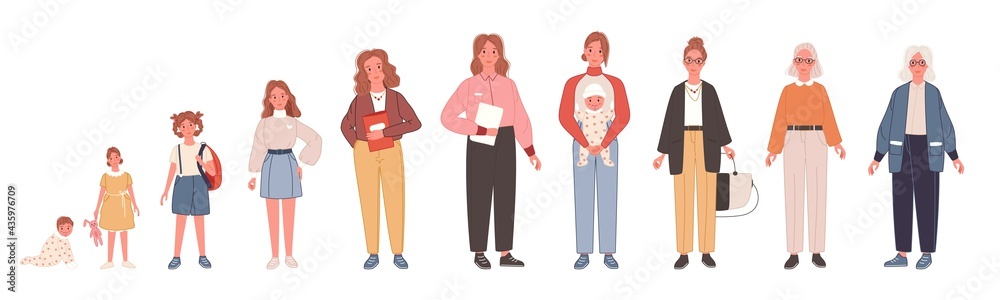 Human life cycles in different ages. Woman character growing up and aging in baby, child, teenager, adult an elderly person. Vector Human life cycles in different ages. Woman character growing up and aging in baby, child, teenager, adult an elderly person. Vector