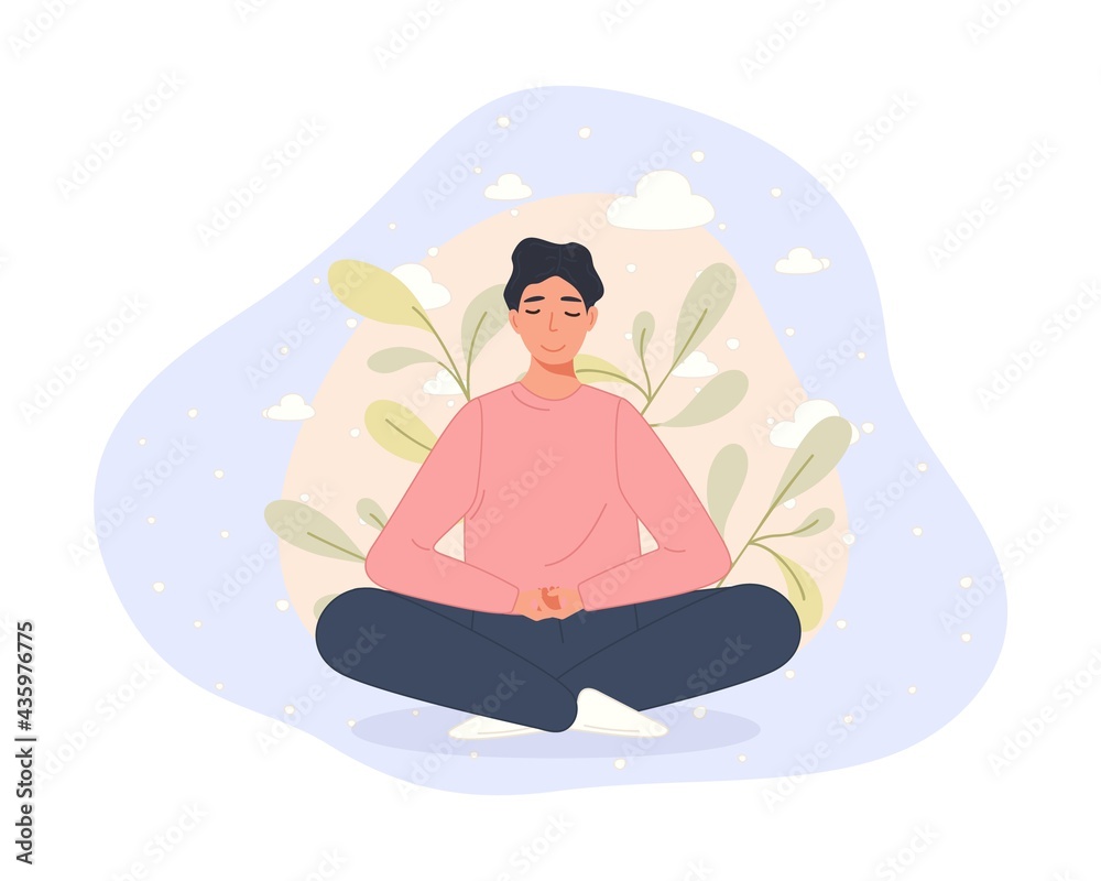 Men sitting on floor and meditating in lotus pose. Yoga meditation practice concept in cartoon style. Vector illustration Men sitting on floor and meditating in lotus pose. Yoga meditation practice concept in cartoon style. Vector illustration
