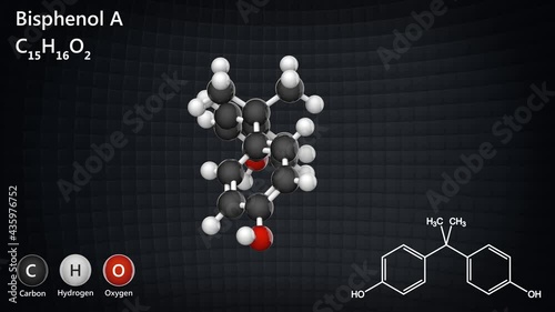 Molecular structure of Bisphenol A (BPA) - plastic pollutant molecule. Formula C15H16O2. 3D render. Seamless loop. Chemical structure model: Ball and Stick.