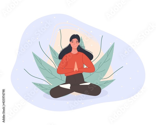 Women sitting on floor and meditating in lotus pose. Yoga meditation practice concept in cartoon style. Vector illustration