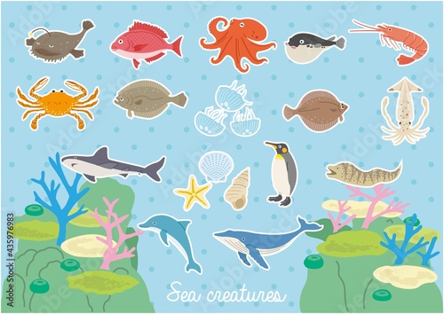 海の生き物のイラストセット（背景付）