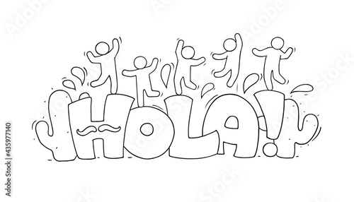 Spanish word hello with happy little people.