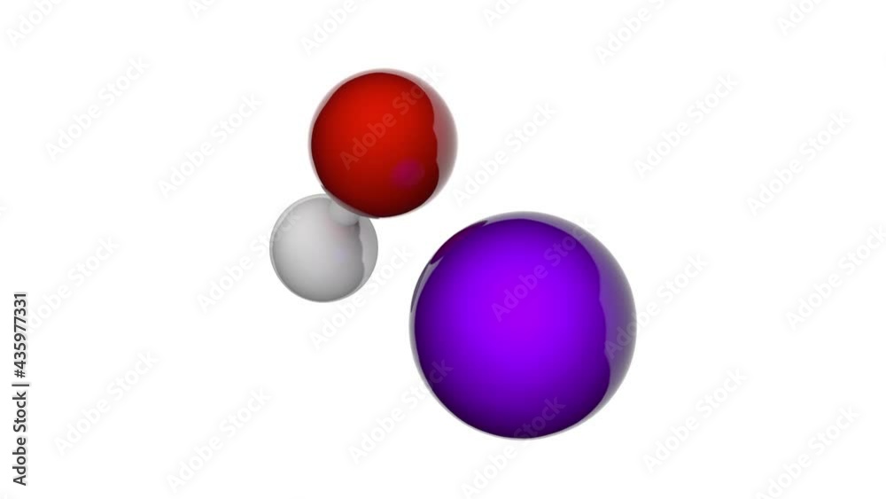 Sodium hydroxide (Caustic soda, Lye, Sodium hydrate, Ascarite, White caustic), formula NaOH or HNaO. 3D render. Seamless loop. Chemical structure model: Ball and Stick. White background Sodium hydroxide (Caustic soda, Lye, Sodium hydrate, Ascarite, White caustic), formula NaOH or HNaO. 3D render. Seamless loop. Chemical structure model: Ball and Stick. White background