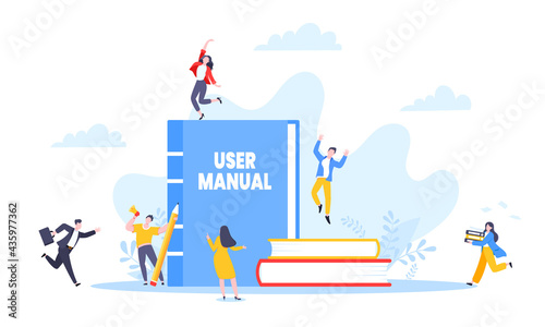 User manual guide book flat style design vector illustration. Tiny people and guidance manual instructions working together with guide book. Specifications user guidance document.