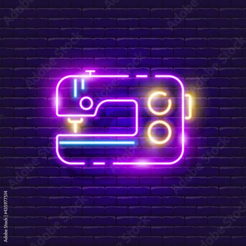 Sewing machine neon sign. Vector illustration for design. Atelier concept. Glowing icon for hand-made household appliance.